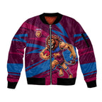 Brisbane Lions Australian Football Sleeve Zip Bomber Jacket Regal Lion Mascot With Indigenous Pattern Art