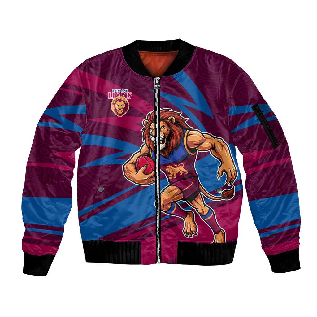 Brisbane Lions Australian Football Sleeve Zip Bomber Jacket Regal Lion Mascot With Indigenous Pattern Art