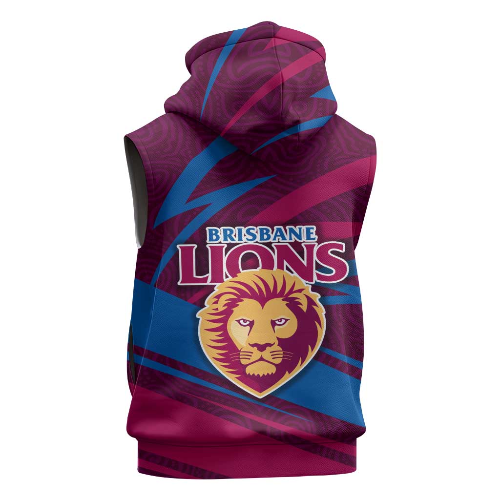 Brisbane Lions Australian Football Sleeveless Hoodie Regal Lion Mascot With Indigenous Pattern Art