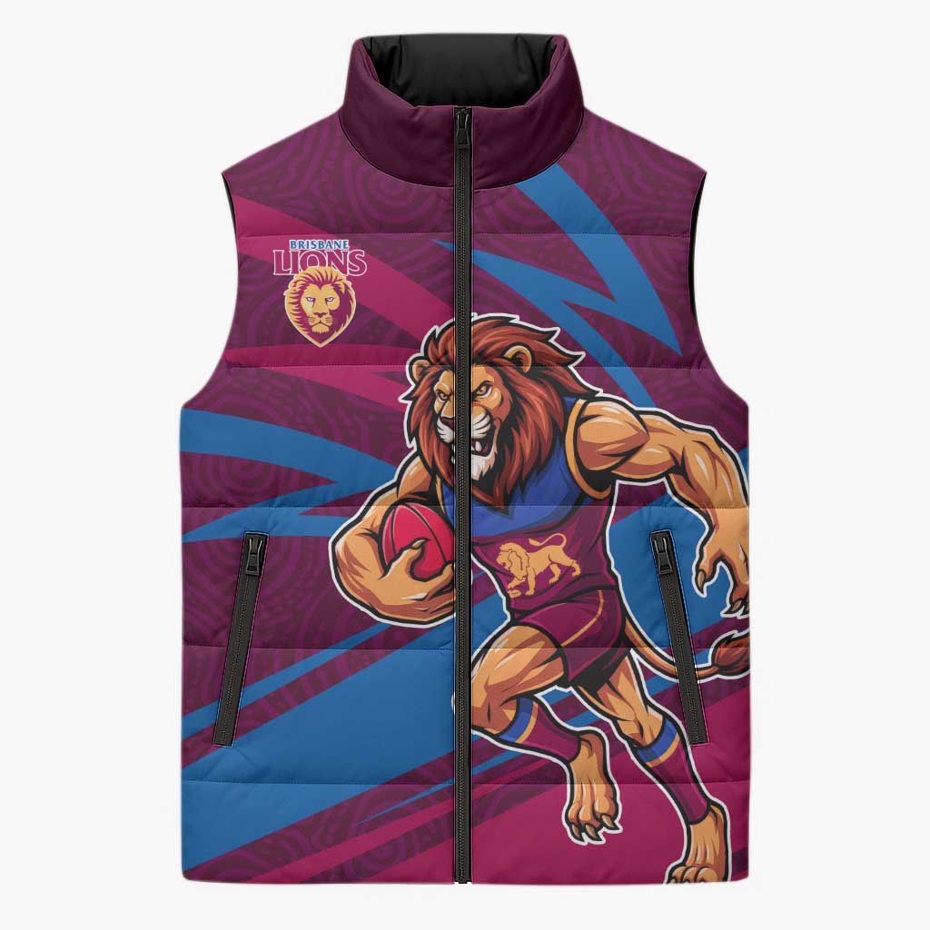 Brisbane Lions Australian Football Sleeveless Puffer Jacket Regal Lion Mascot With Indigenous Pattern Art