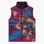 Brisbane Lions Australian Football Sleeveless Puffer Jacket Regal Lion Mascot With Indigenous Pattern Art