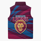Brisbane Lions Australian Football Sleeveless Puffer Jacket Regal Lion Mascot With Indigenous Pattern Art