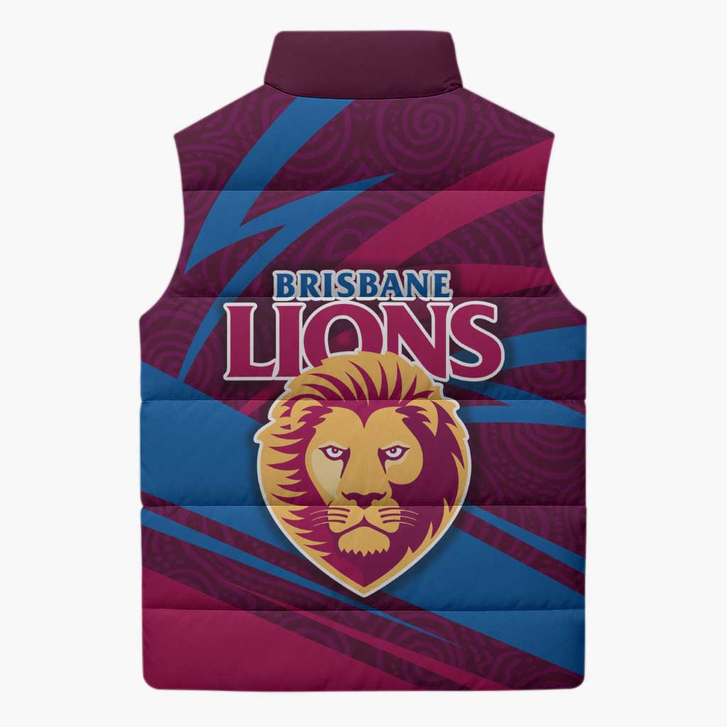 Brisbane Lions Australian Football Sleeveless Puffer Jacket Regal Lion Mascot With Indigenous Pattern Art