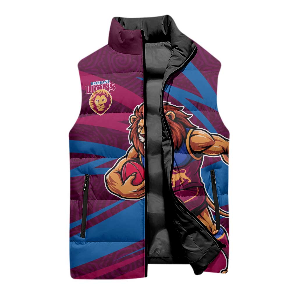 Brisbane Lions Australian Football Sleeveless Puffer Jacket Regal Lion Mascot With Indigenous Pattern Art