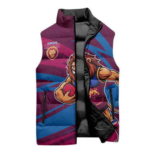 Brisbane Lions Australian Football Sleeveless Puffer Jacket Regal Lion Mascot With Indigenous Pattern Art
