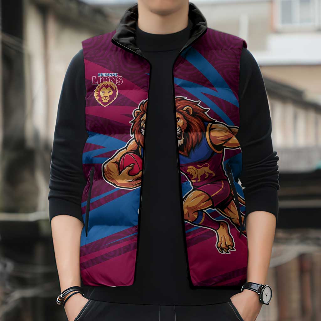 Brisbane Lions Australian Football Sleeveless Puffer Jacket Regal Lion Mascot With Indigenous Pattern Art