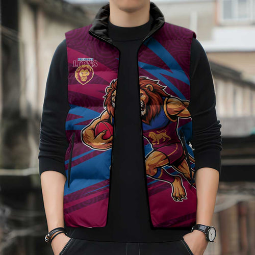 Brisbane Lions Australian Football Sleeveless Puffer Jacket Regal Lion Mascot With Indigenous Pattern Art