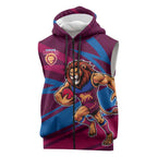 Brisbane Lions Australian Football Sleeveless Zip Hoodie Regal Lion Mascot With Indigenous Pattern Art