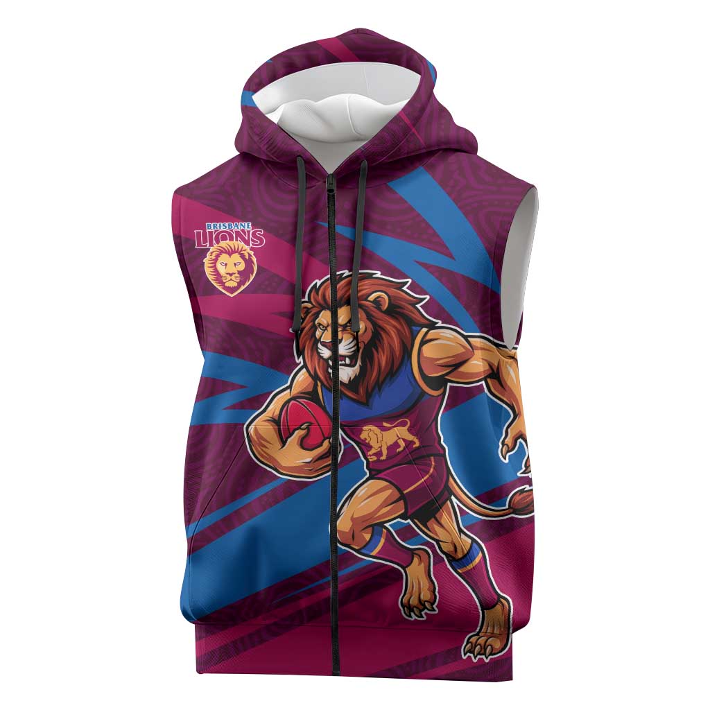 Brisbane Lions Australian Football Sleeveless Zip Hoodie Regal Lion Mascot With Indigenous Pattern Art