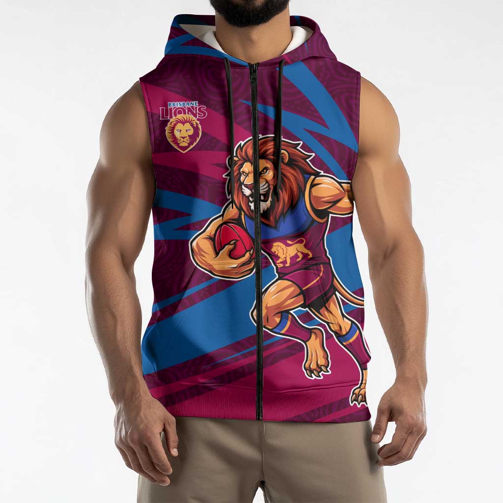 Brisbane Lions Australian Football Sleeveless Zip Hoodie Regal Lion Mascot With Indigenous Pattern Art