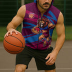 Brisbane Lions Australian Football Sleeveless Zip Hoodie Regal Lion Mascot With Indigenous Pattern Art