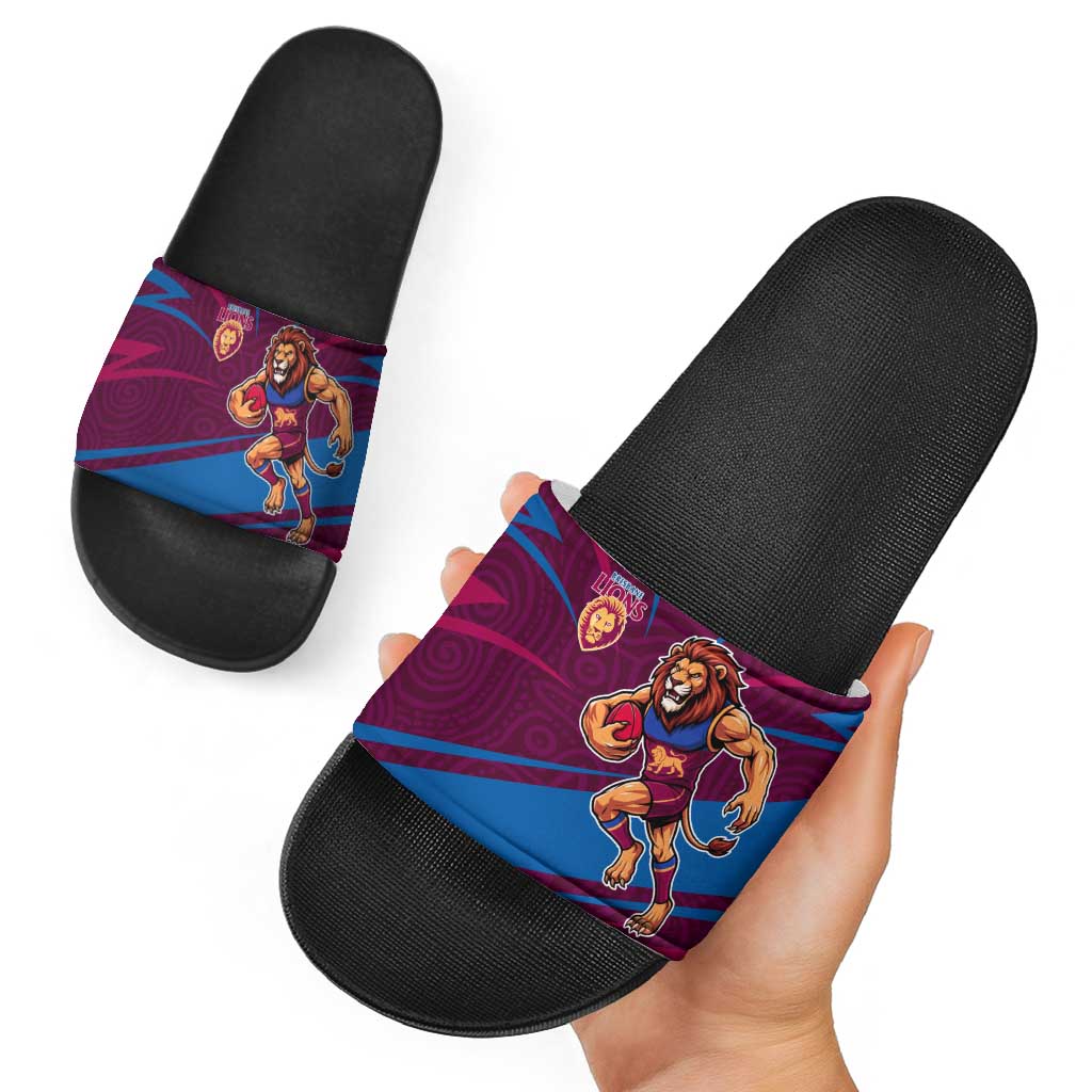 Brisbane Lions Australian Football Slide Sandals Regal Lion Mascot With Indigenous Pattern Art