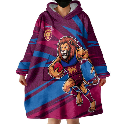 Brisbane Lions Australian Football Wearable Blanket Hoodie Regal Lion Mascot With Indigenous Pattern Art
