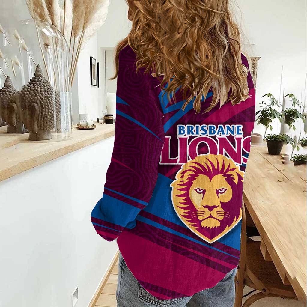 Brisbane Lions Australian Football Women Casual Shirt Regal Lion Mascot With Indigenous Pattern Art