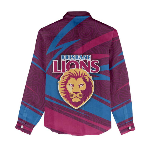 Brisbane Lions Australian Football Women Casual Shirt Regal Lion Mascot With Indigenous Pattern Art