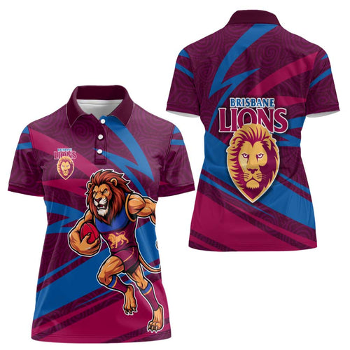 Brisbane Lions Australian Football Women Polo Shirt Regal Lion Mascot With Indigenous Pattern Art