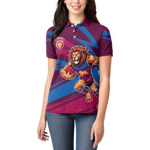 Brisbane Lions Australian Football Women Polo Shirt Regal Lion Mascot With Indigenous Pattern Art