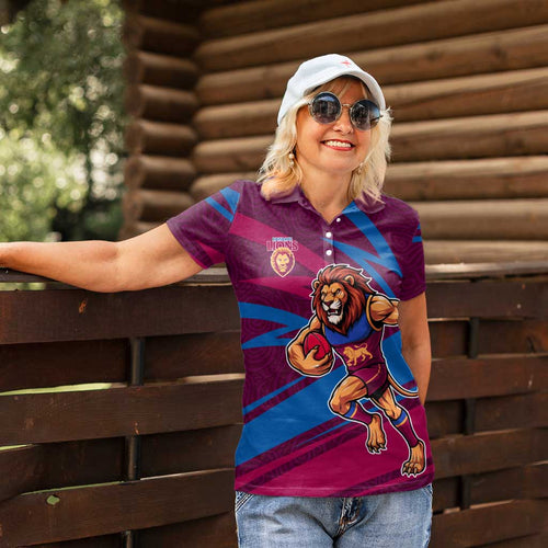 Brisbane Lions Australian Football Women Polo Shirt Regal Lion Mascot With Indigenous Pattern Art