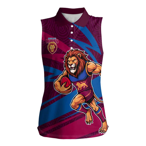 Brisbane Lions Australian Football Women Sleeveless Polo Shirt Regal Lion Mascot With Indigenous Pattern Art