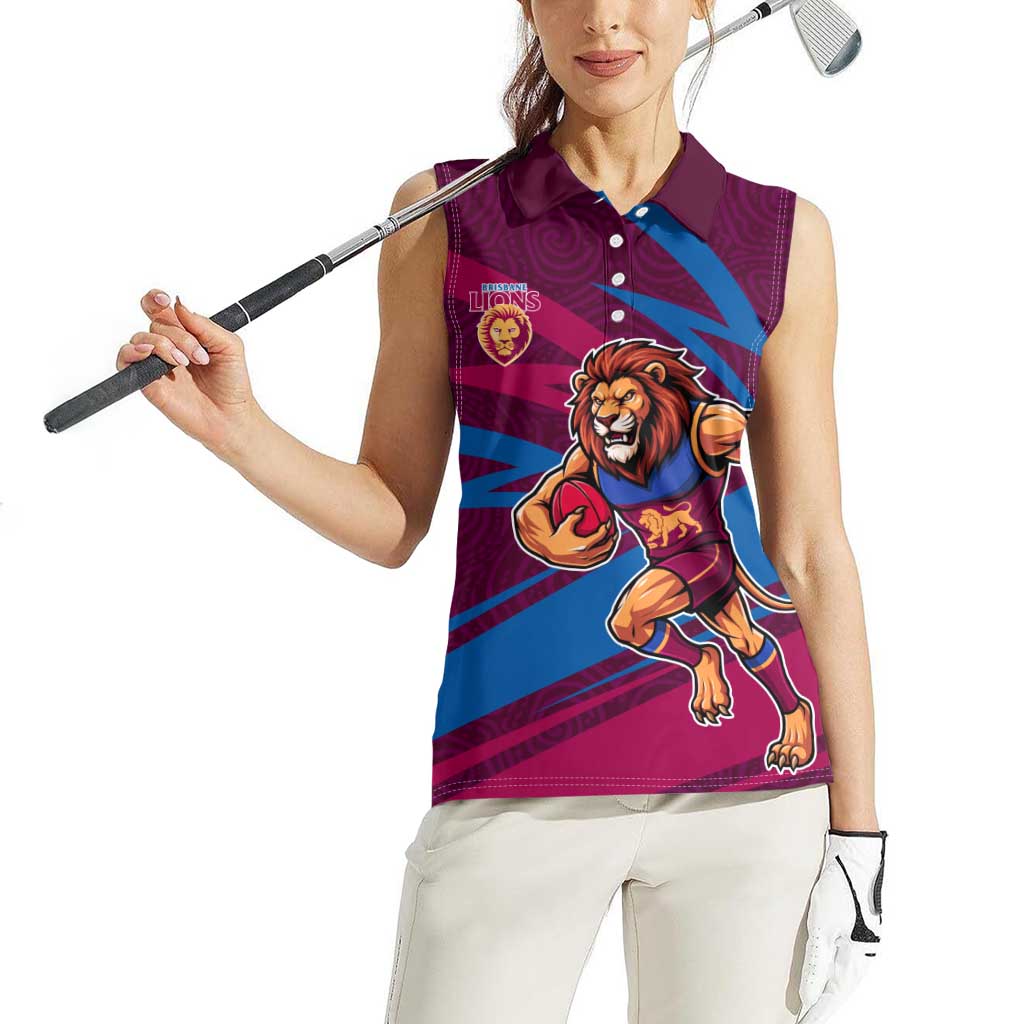 Brisbane Lions Australian Football Women Sleeveless Polo Shirt Regal Lion Mascot With Indigenous Pattern Art