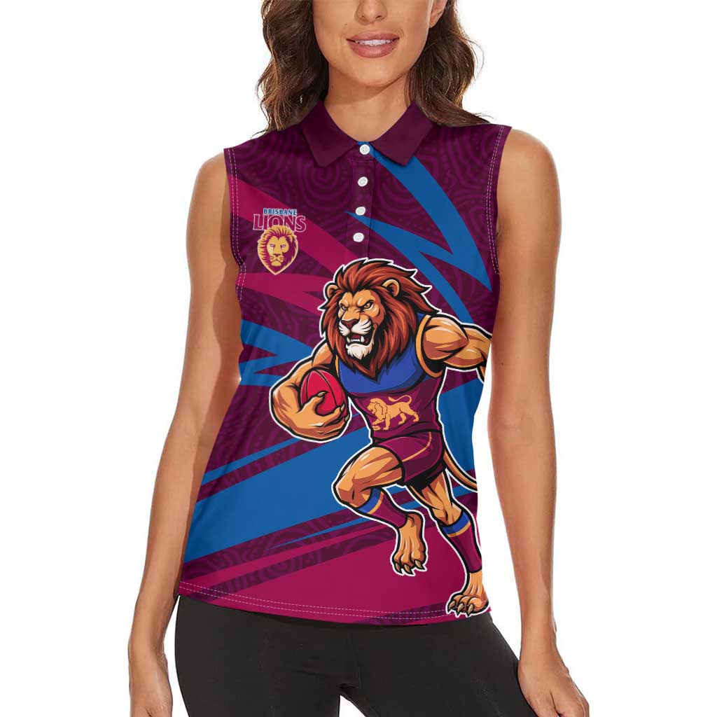 Brisbane Lions Australian Football Women Sleeveless Polo Shirt Regal Lion Mascot With Indigenous Pattern Art