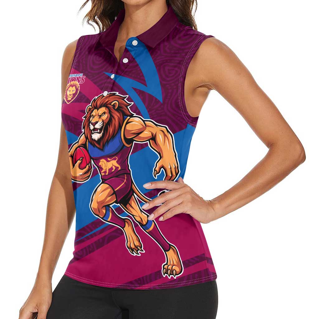 Brisbane Lions Australian Football Women Sleeveless Polo Shirt Regal Lion Mascot With Indigenous Pattern Art