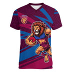 Brisbane Lions Australian Football Women V-Neck T-Shirt Regal Lion Mascot With Indigenous Pattern Art