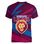 Brisbane Lions Australian Football Women V-Neck T-Shirt Regal Lion Mascot With Indigenous Pattern Art