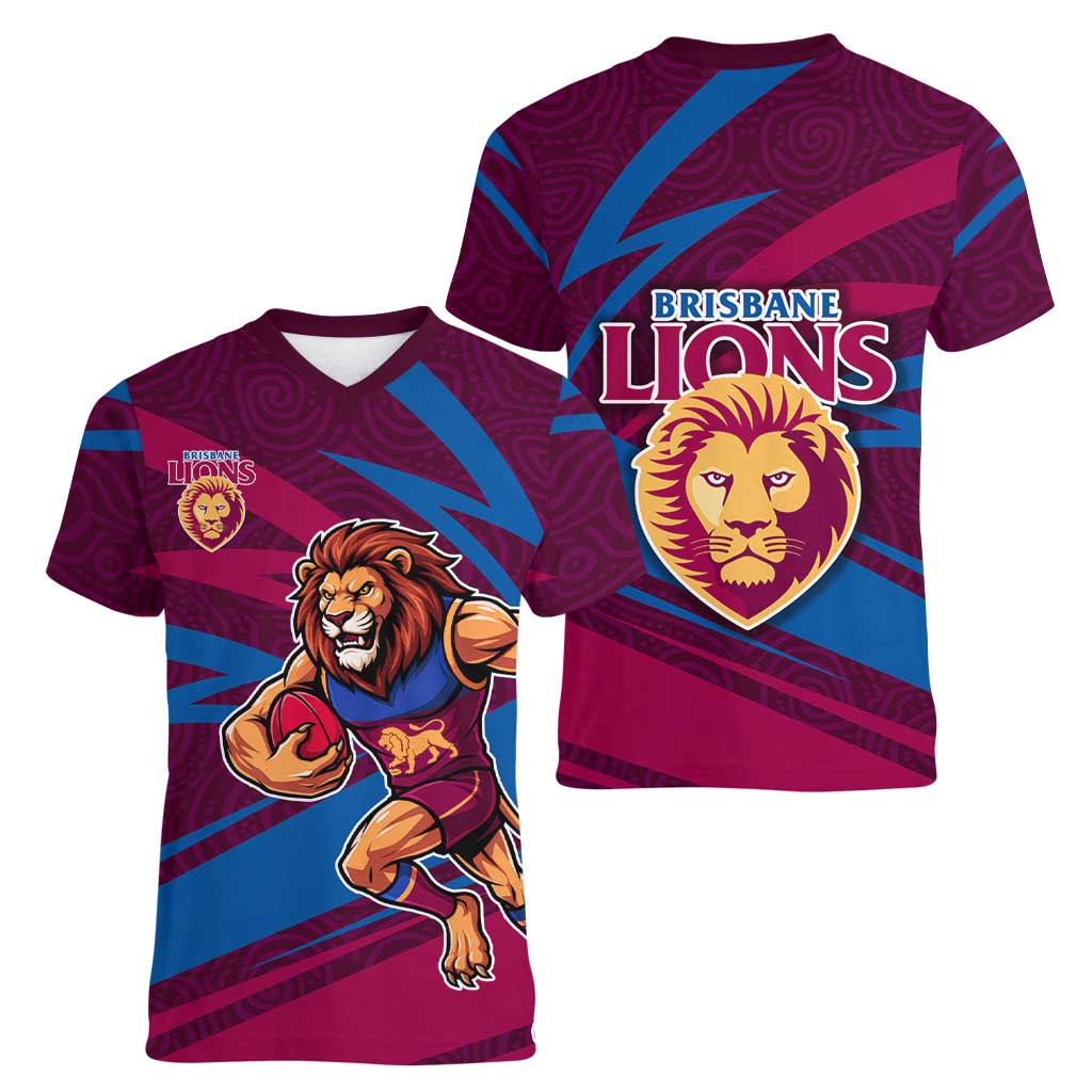 Brisbane Lions Australian Football Women V-Neck T-Shirt Regal Lion Mascot With Indigenous Pattern Art
