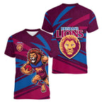 Brisbane Lions Australian Football Women V-Neck T-Shirt Regal Lion Mascot With Indigenous Pattern Art