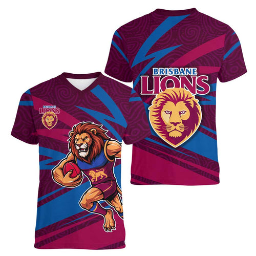 Brisbane Lions Australian Football Women V-Neck T-Shirt Regal Lion Mascot With Indigenous Pattern Art