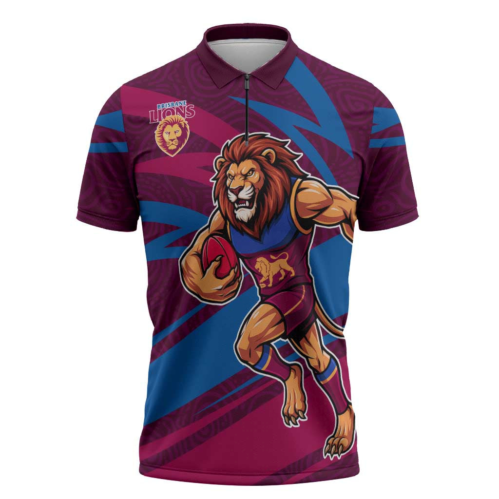 Brisbane Lions Australian Football Zipper Polo Shirt Regal Lion Mascot With Indigenous Pattern Art
