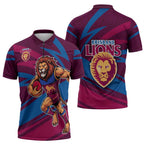 Brisbane Lions Australian Football Zipper Polo Shirt Regal Lion Mascot With Indigenous Pattern Art