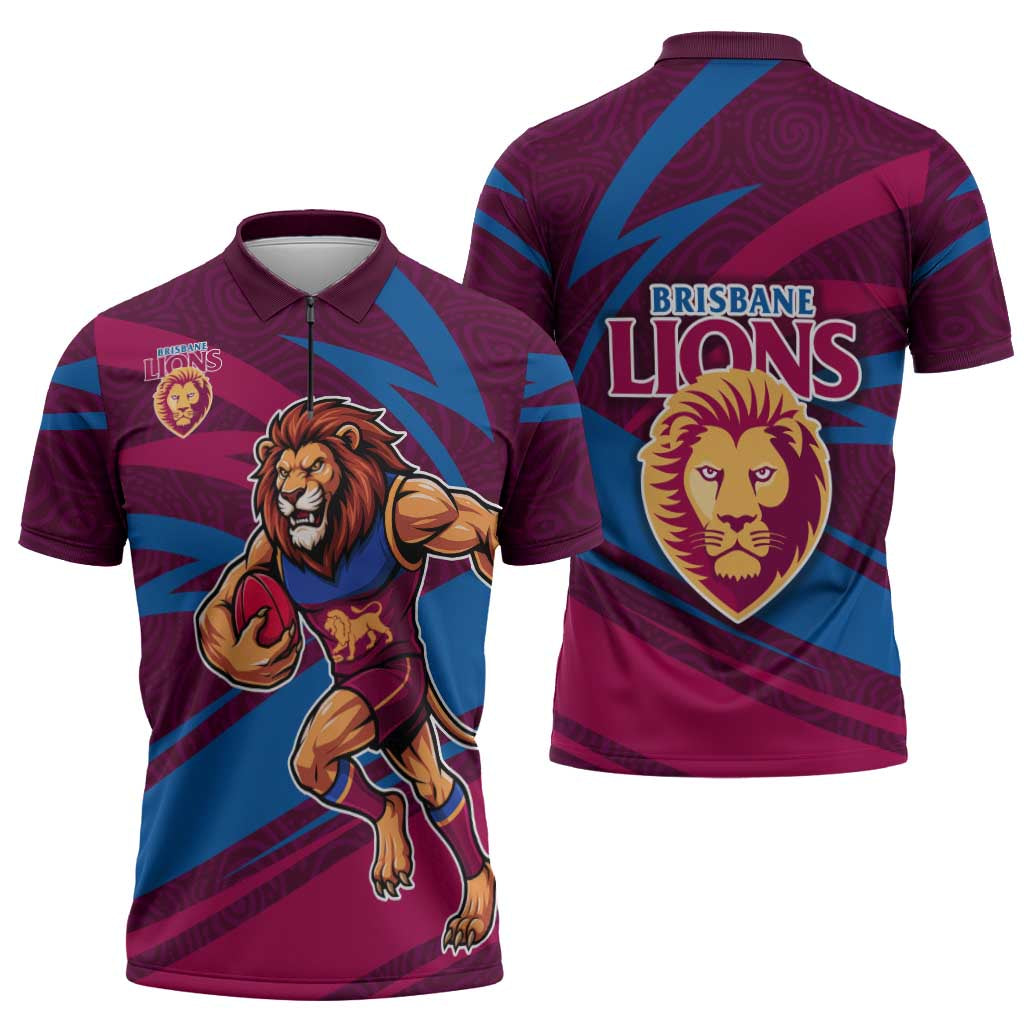 Brisbane Lions Australian Football Zipper Polo Shirt Regal Lion Mascot With Indigenous Pattern Art