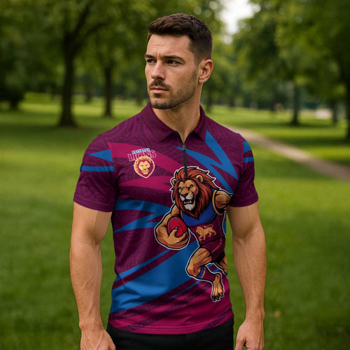 Brisbane Lions Australian Football Zipper Polo Shirt Regal Lion Mascot With Indigenous Pattern Art