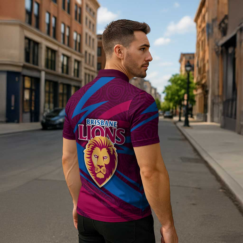 Brisbane Lions Australian Football Zipper Polo Shirt Regal Lion Mascot With Indigenous Pattern Art