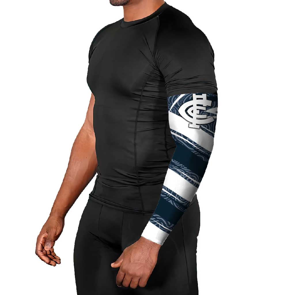 Carlton Blues Australian Football Arm Sleeves Superhero Mascot With Indigenous Pattern Art