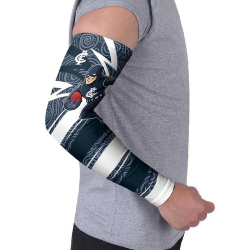 Carlton Blues Australian Football Arm Sleeves Superhero Mascot With Indigenous Pattern Art