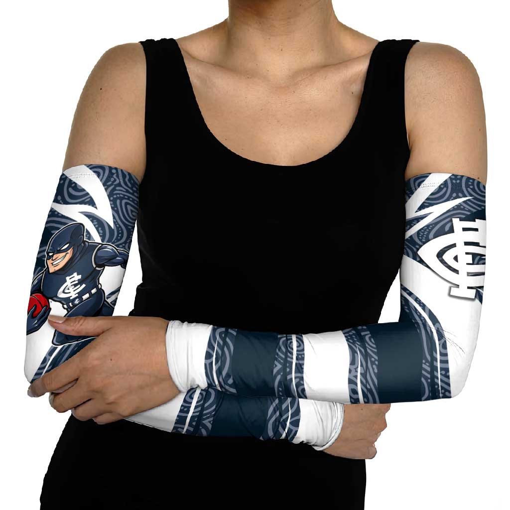 Carlton Blues Australian Football Arm Sleeves Superhero Mascot With Indigenous Pattern Art