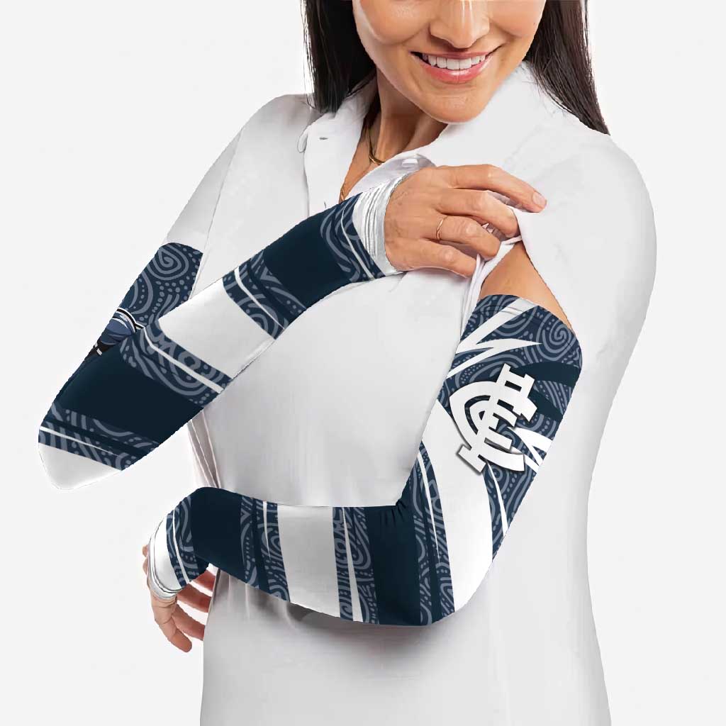 Carlton Blues Australian Football Arm Sleeves Superhero Mascot With Indigenous Pattern Art