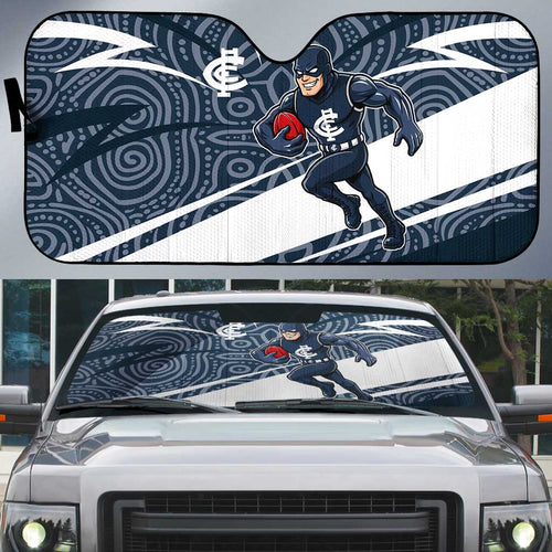 Carlton Blues Australian Football Auto Sun Shade Superhero Mascot With Indigenous Pattern Art