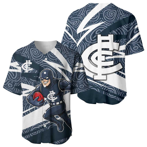 Carlton Blues Australian Football Baseball Jersey Superhero Mascot With Indigenous Pattern Art