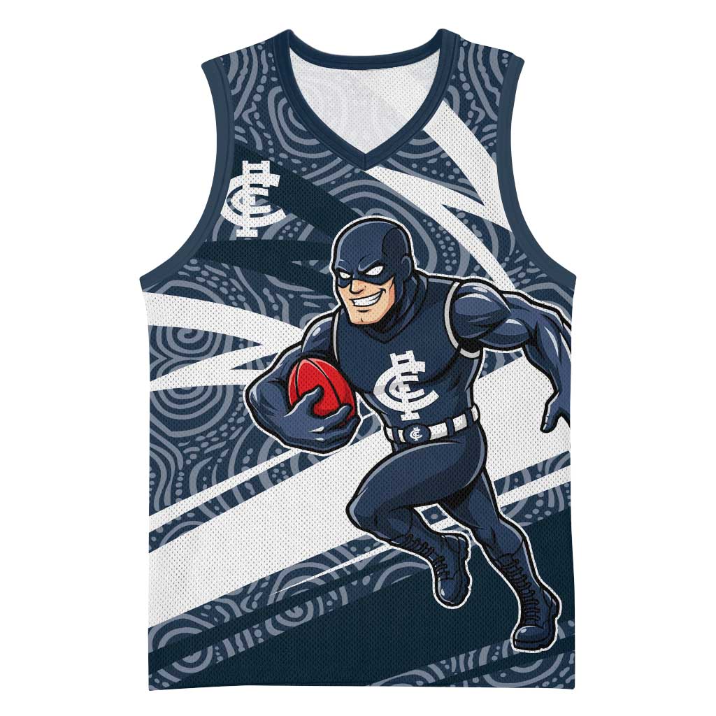 Carlton Blues Australian Football Basketball Jersey Superhero Mascot With Indigenous Pattern Art