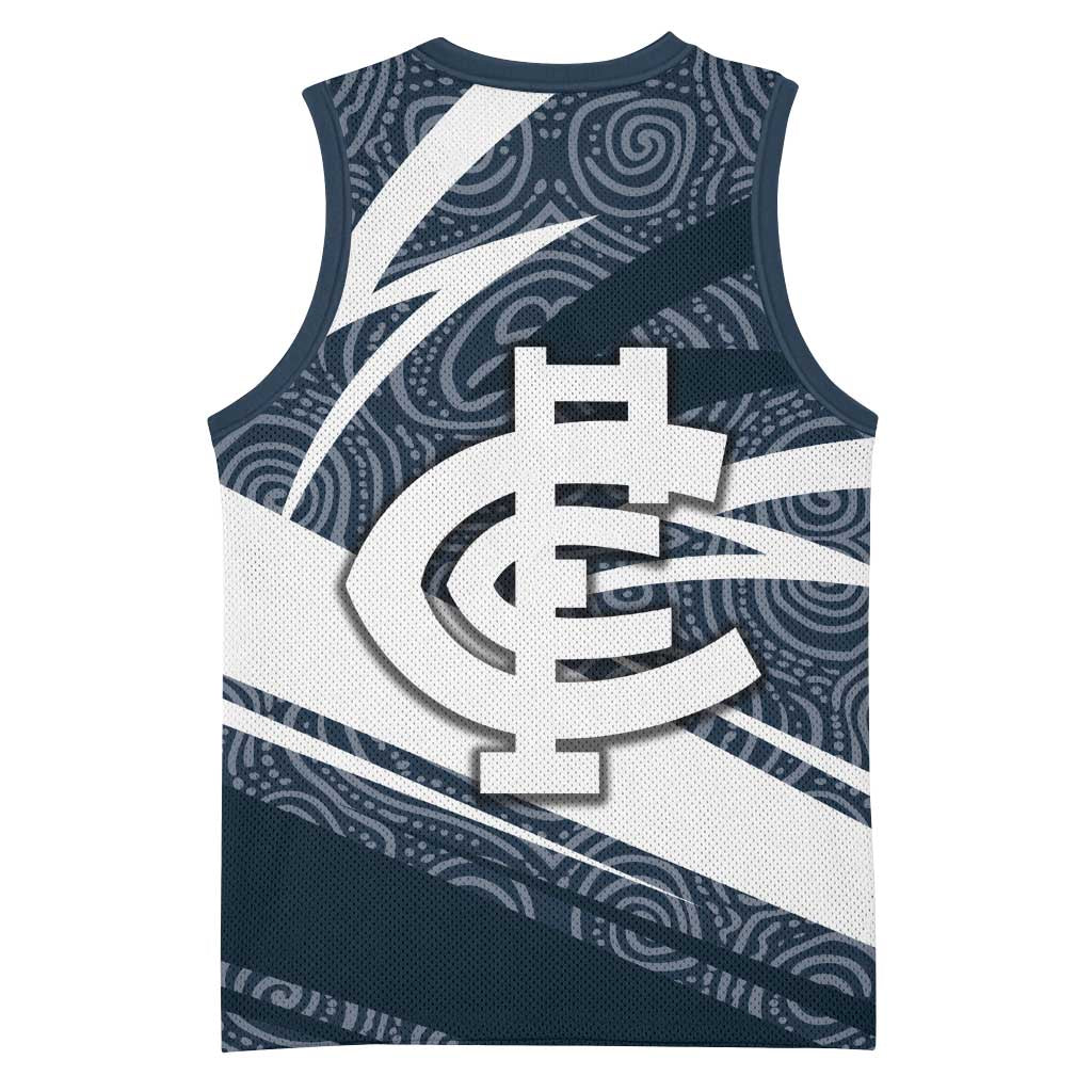 Carlton Blues Australian Football Basketball Jersey Superhero Mascot With Indigenous Pattern Art