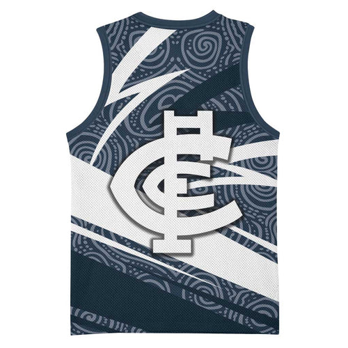 Carlton Blues Australian Football Basketball Jersey Superhero Mascot With Indigenous Pattern Art
