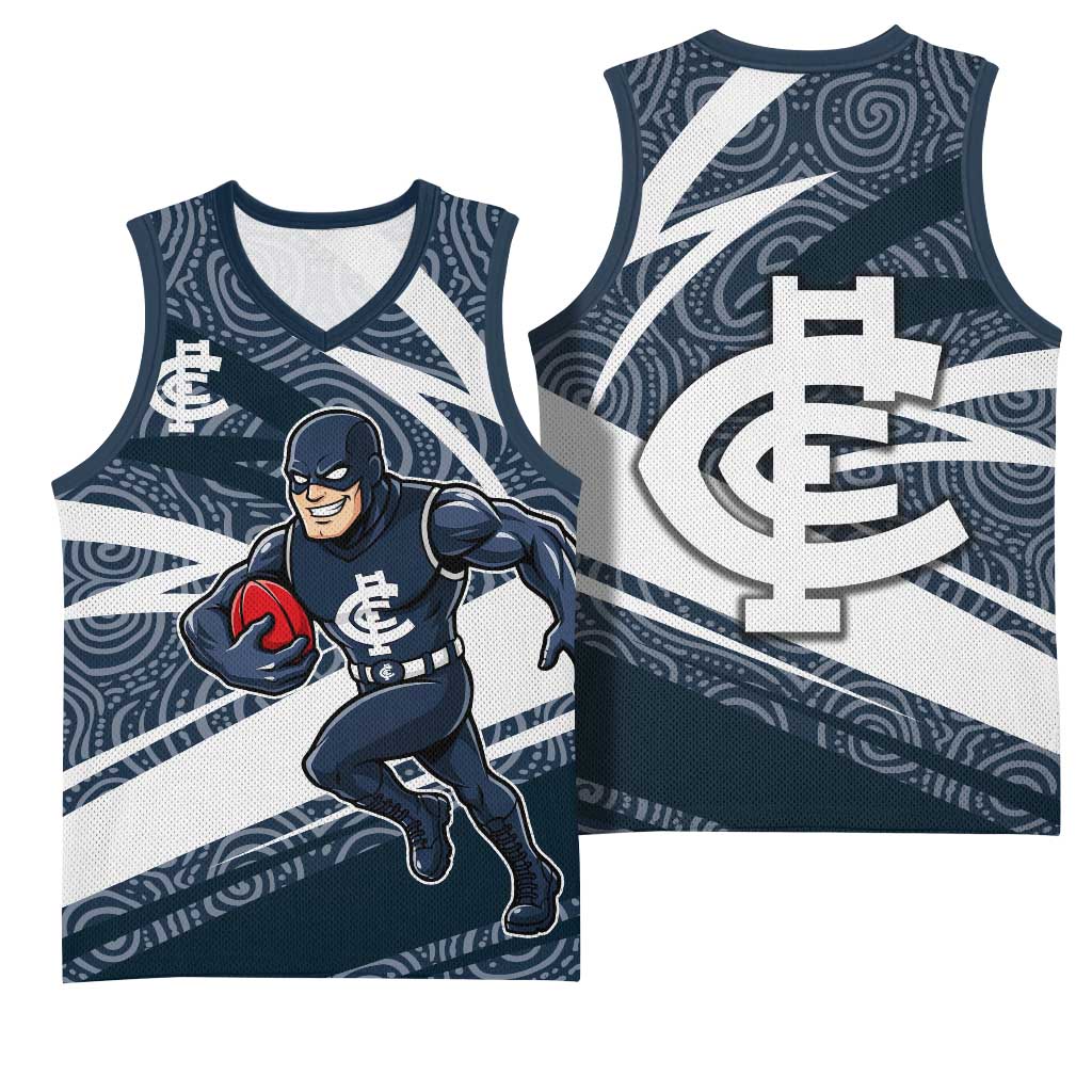 Carlton Blues Australian Football Basketball Jersey Superhero Mascot With Indigenous Pattern Art