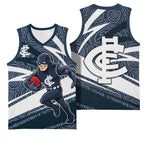 Carlton Blues Australian Football Basketball Jersey Superhero Mascot With Indigenous Pattern Art
