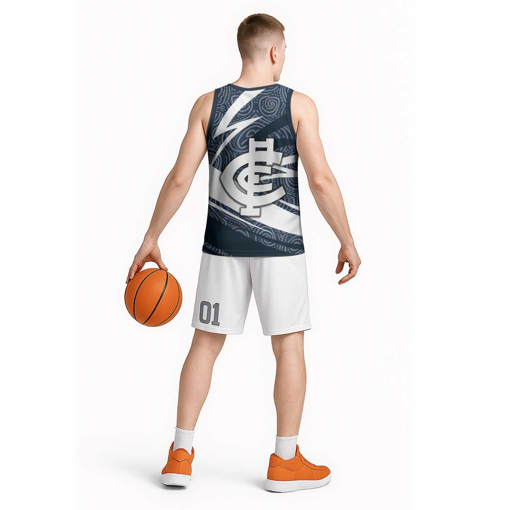 Carlton Blues Australian Football Basketball Jersey Superhero Mascot With Indigenous Pattern Art
