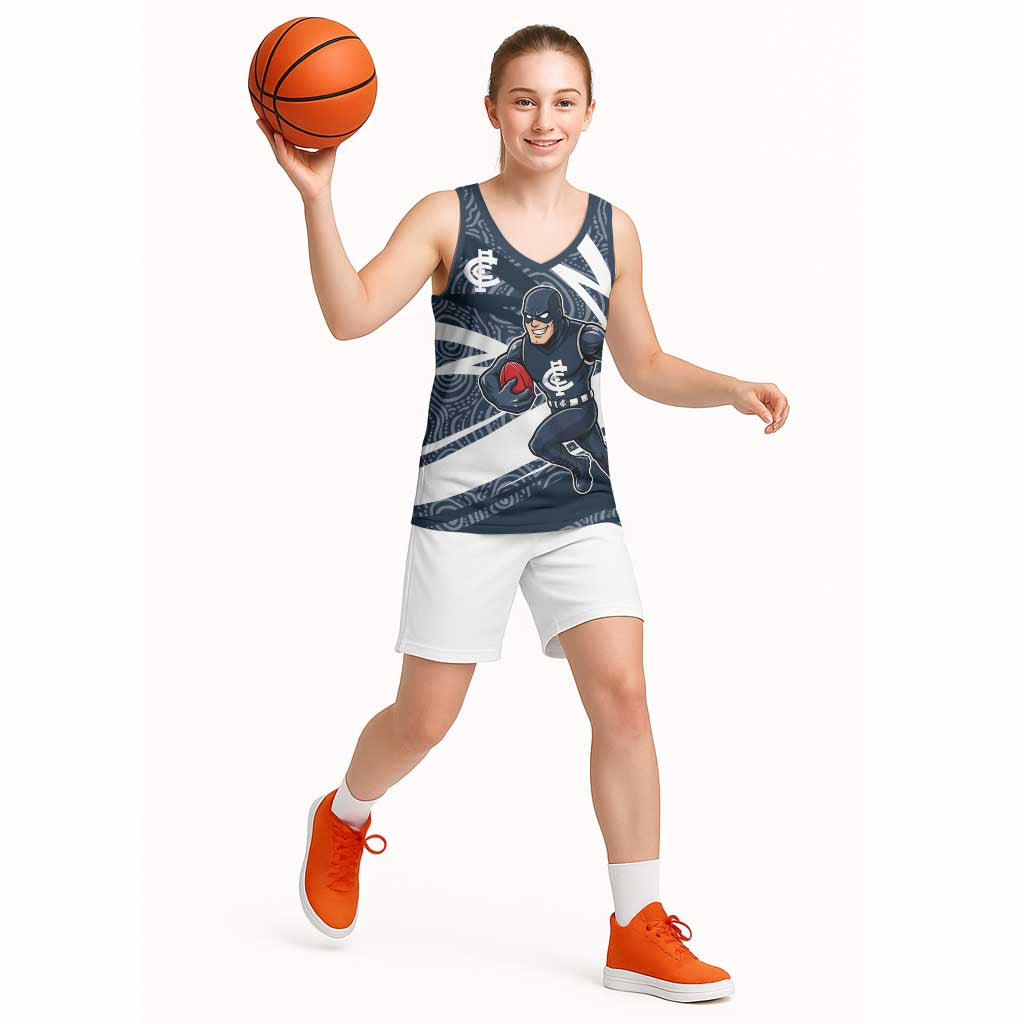 Carlton Blues Australian Football Basketball Jersey Superhero Mascot With Indigenous Pattern Art