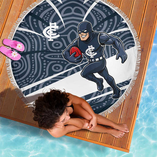 Carlton Blues Australian Football Beach Blanket Superhero Mascot With Indigenous Pattern Art
